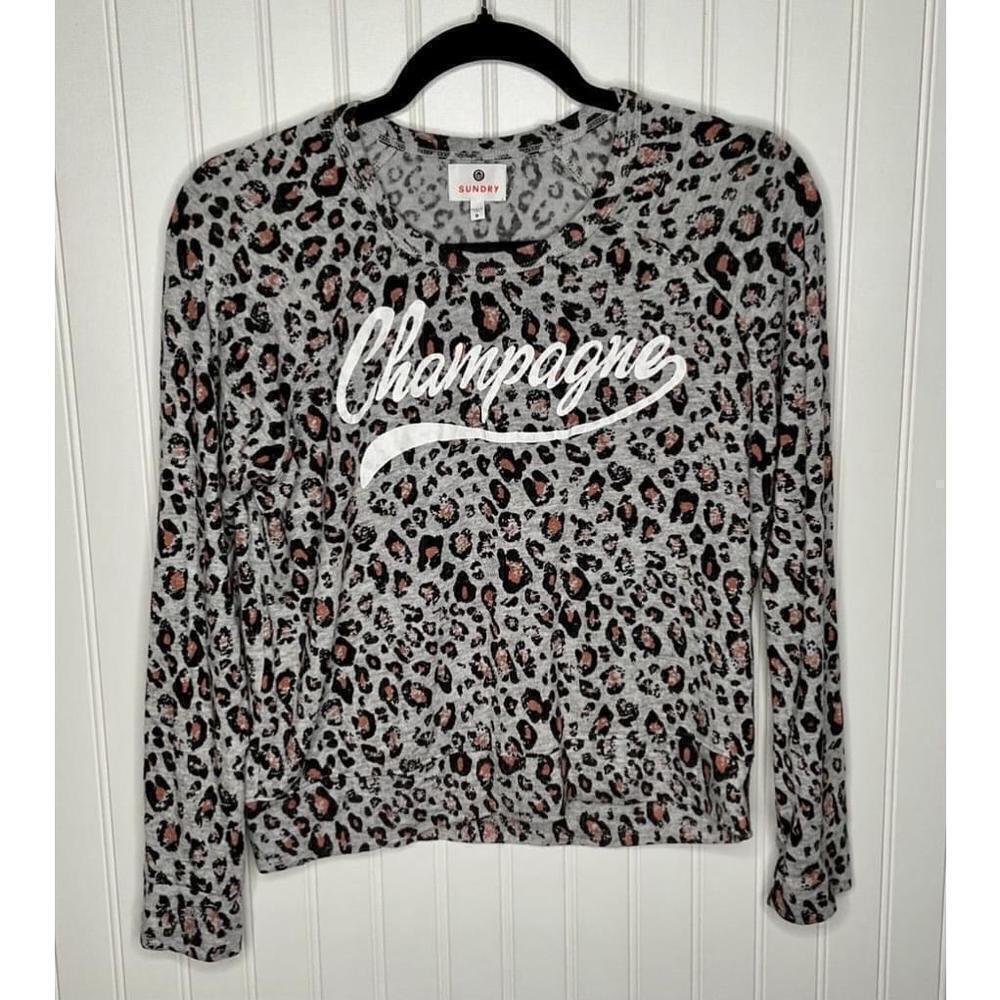 Women's Sundry Grey Leopard Print Long Sleeve T-Shirt Size 0